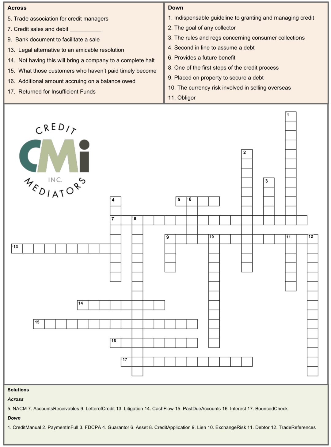 CMI s Credit Collection Crossword Puzzle Credit Mediators Inc 